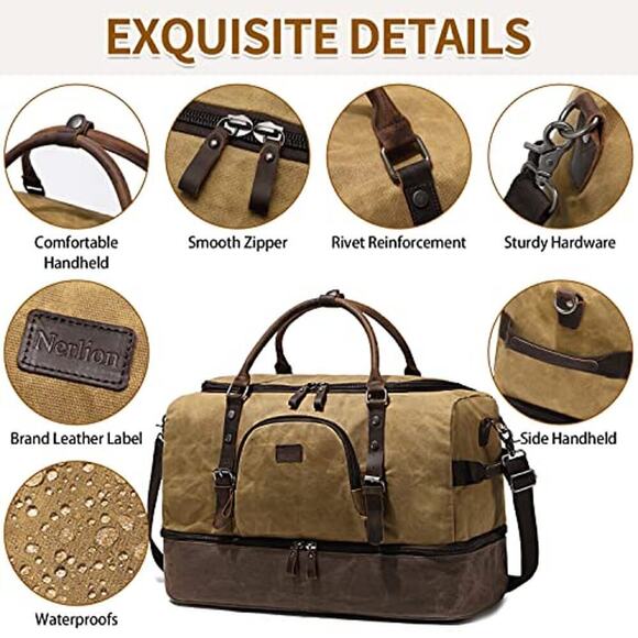 Weekender Bag with Shoe Compartment Large Overnight Bag for Men (Brown) - Picture 5 of 9